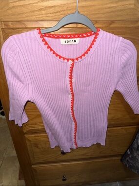 Boden Lavender Short-Sleeve Ribbed Cardigan with Coral Trim